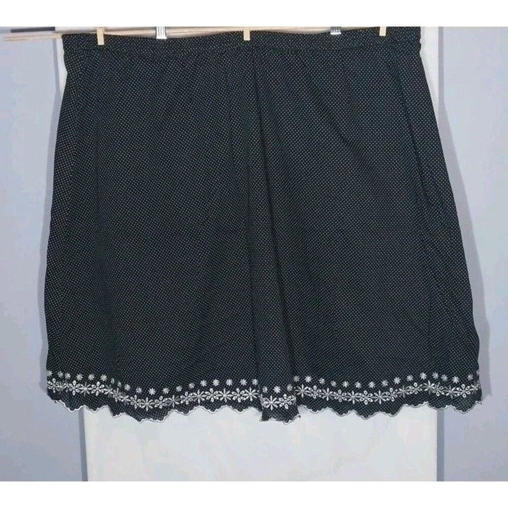 Sag Harbor 3X Black Polka Dot Cotton Midi Skirt Elastic Waist Floral Hem Boho